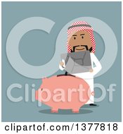 Poster, Art Print Of Flat Design Arabian Business Man Pouring Gas Into A Piggy Bank On Blue