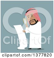 Flat Design Arabian Business Man Examining A Contract On Blue