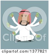 Poster, Art Print Of Flat Design Arabian Business Man With Many Arms Sitting Nad Holding Cash On Blue