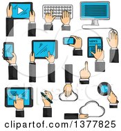 Poster, Art Print Of Sketched Human Hands Working On Tablets Desktop Computer Keyboard Smartphones Digital Pen Cloud Data Storage And Search Application