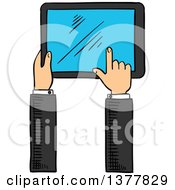 Clipart Of A Sketched White Business Mans Hand Using A Touch Screen Tablet Computer Royalty Free Vector Illustration