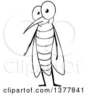 Clipart Of A Black And White Cartoon Happy Mosquito Royalty Free Vector Illustration