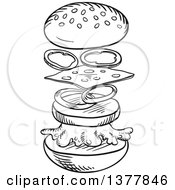 Poster, Art Print Of Black And White Sketched Cheeseburger Separated Showing Assembly