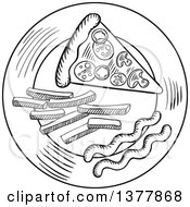 Clipart Of A Black And White Sketched Slice Of Pizza And Fries On A Plate Royalty Free Vector Illustration