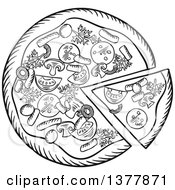 Clipart Of A Black And White Sketched Pizza Royalty Free Vector Illustration
