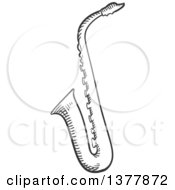 Clipart Of A Black And White Sketched Saxophone Royalty Free Vector Illustration