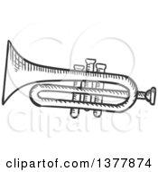 Clipart Of A Black And White Sketched Trumpet Royalty Free Vector Illustration