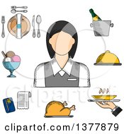 Sketched Waitress In Elegant Uniform Surrounded By Dinner Set Champagne And Ice Bucket Ice Cream Sundae Fried Chicken Cloche And Restaurant Bill