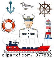 Poster, Art Print Of Sketched Captain In White Uniform Helm Ship Anchor Lifebuoy Lighthouse And Seagull