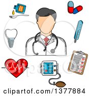 Clipart Of A Sketched Doctor Thermometer Tooth Pills Medication Chart Heartbeat And ECG Royalty Free Vector Illustration by Vector Tradition SM