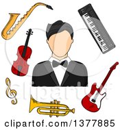 Musician Man In Tailcoat Surrounded By Electric Guitar Trumpet Violin Saxophone Treble Clef And Synthesizer Musical Instruments