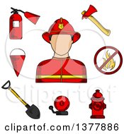 Sketched Fireman Flanked By Fire Axe Bucket And Shovel Extinguisher Fire Alarm Hydrant And Prohibition Sign
