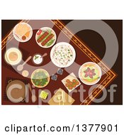 Poster, Art Print Of Flat Design Arabian Food Kebab Falafels Pita Bread With Dipping Sauces Hummus Rice Pickled Green Olives And Lahmacun With Meat And Vegetables