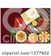 Spicy Arabian Food Chickpea Falafels Wrapped In Flatbread Pita With Hummus Assortment Of Dipping Sauces Sfiha Meat Pie Teapot And Cakes With Sliced Oranges