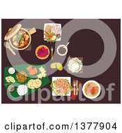 Poster, Art Print Of Malaysian Dishes With Nasi Lemak Rice Prawn Noodle Tofu Noodle With Curry Pork Stew In Pot With Mushrooms And Dried Tofu Passion Fruit Carambola Mango Pineapple Fruits With Flat Bread And Desserts On Banana Leaf