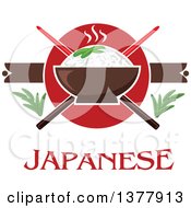 Japanese Cuisine Rice Bowl Design With Chopsticks And Text