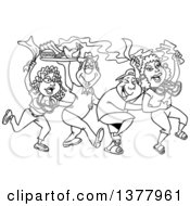 Clipart Of A Black And White Dancing Line Of Mardi Gras People Having A Blast And Carrying Hot Bbq Food Royalty Free Vector Illustration by LaffToon