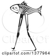Clipart Of A Black And White Woodcut Walking Fish Royalty Free Vector Illustration