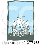 Woodcut Chinese Junk Ship At Sea During The Day