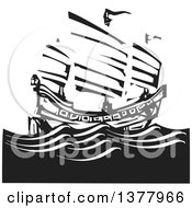 Black And White Woodcut Chinese Junk Ship At Sea