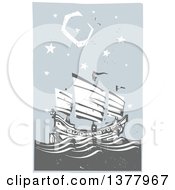 Poster, Art Print Of Woodcut Chinese Junk Ship At Sea Under A Night Sky