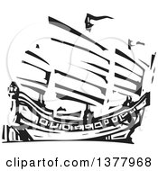 Black And White Woodcut Chinese Junk Ship