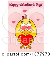 Poster, Art Print Of Yellow Chick Holding A Heart Under Happy Valentines Day Text On Pink