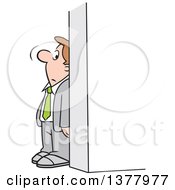 Cartoon White Businessman Hiding Behind A Wall