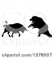 Black Silhouetted Stock Market Bull Fighting A Bear