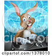 Poster, Art Print Of Happy Brown Bunny Rabbit Dj Over A Turntable Against A Dance Floor