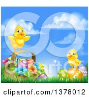 Poster, Art Print Of Cute Yellow Chicks On Easter Eggs And A Basket In The Grass Over A Sunny Sky