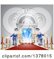 Clipart Of A VIP Venue Entrance With Welcoming Friendly Doormen Red Carpet Posts And The Future Text Royalty Free Vector Illustration by AtStockIllustration