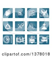 Clipart Of White Christian Icons On Blue Square Tiles Royalty Free Vector Illustration by AtStockIllustration