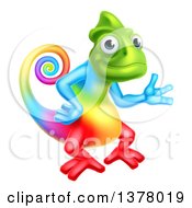Clipart Of A Happy Rainbow Chameleon Lizard Waving Or Presenting Royalty Free Vector Illustration by AtStockIllustration