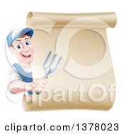 Poster, Art Print Of Happy Middle Aged Brunette White Male Gardener In Blue Holding A Garden Fork Around A Scroll Sign