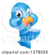 Clipart Of A Happy Blue Bird Pointing Around A Sign Royalty Free Vector Illustration by AtStockIllustration