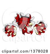 Poster, Art Print Of Fierce Red Welsh Dragon Mascot Breaking Through A Wall