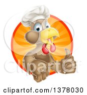 Clipart Of A Happy Brown Chef Chicken Giving A Thumb Up And Emerging From A Circle Of Sun Rays Royalty Free Vector Illustration