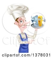 White Male Chef With A Curling Mustache Pointing And Holding A Fish And Chips On A Tray