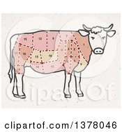 Poster, Art Print Of Cow Divided Up Showing Different Cuts Of Meat On Fiber Texture