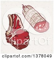 Clipart Of A Beef Steak And Pork Ham On Fiber Texture Royalty Free Illustration