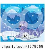 Clipart Of A Happy Seal And Pup Sitting In The Snow Royalty Free Vector Illustration