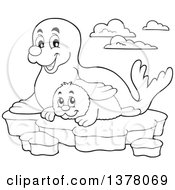 Poster, Art Print Of Black And White Happy Seal And Pup Sitting On Ice