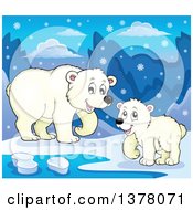 Poster, Art Print Of Polar Bear And Cub By Water In The Snow
