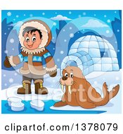 Happy Inuit Eskimo Boy Presenting By A Walrus And An Igloo