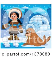 Poster, Art Print Of Happy Inuit Eskimo Girl Presenting By A Walrus And An Igloo