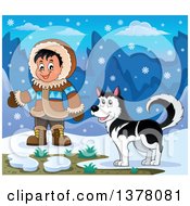Happy Inuit Eskimo Boy Presenting By A Husky Dog And An Igloo