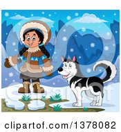 Happy Inuit Eskimo Girl Presenting By A Husky Dog And An Igloo