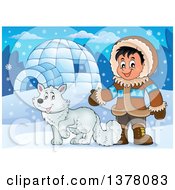 Poster, Art Print Of Happy Inuit Eskimo Boy Presenting By A Fox And An Igloo