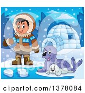 Poster, Art Print Of Happy Inuit Eskimo Boy Presenting By Seals And An Igloo